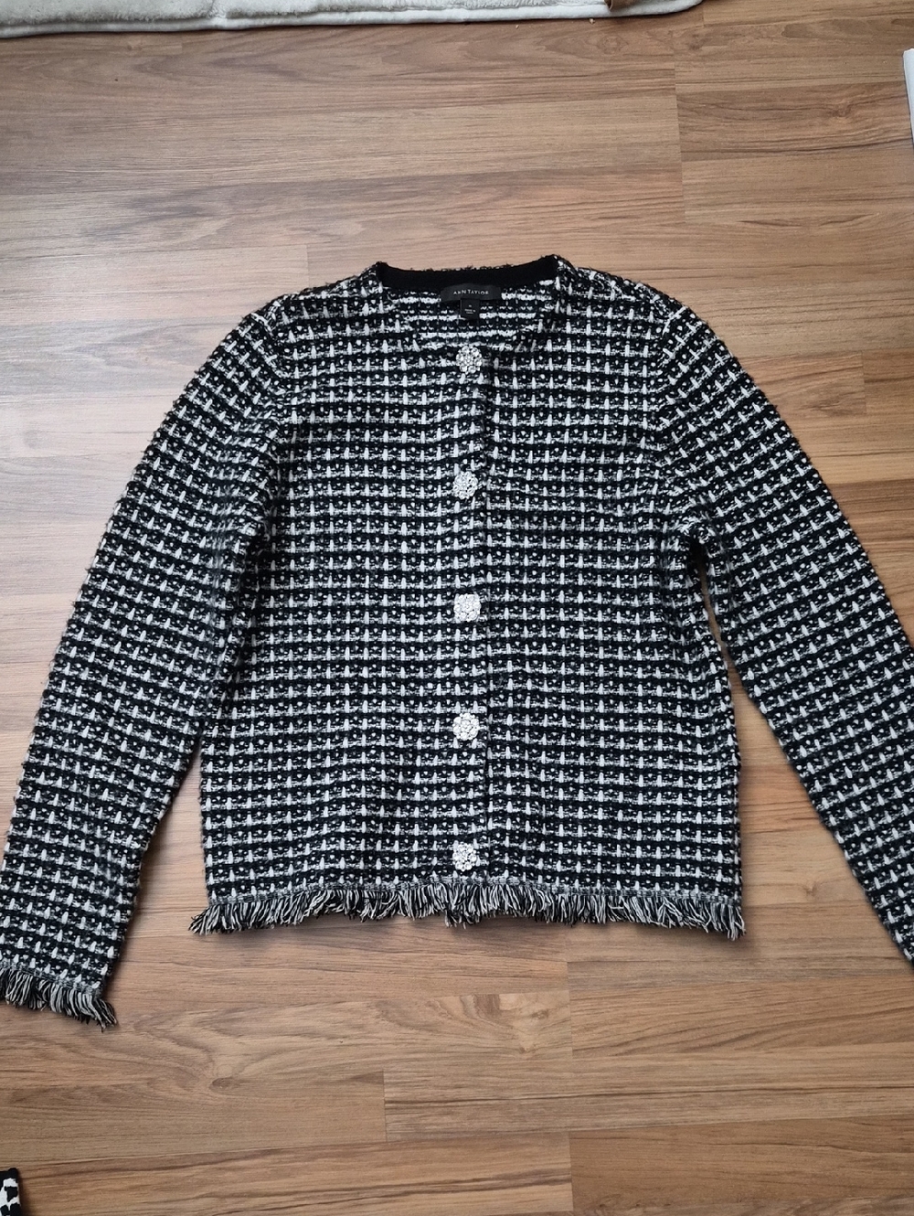 Ann Taylor Black and White  Cardigan Sweater With Jeweled Buttons & Fringe